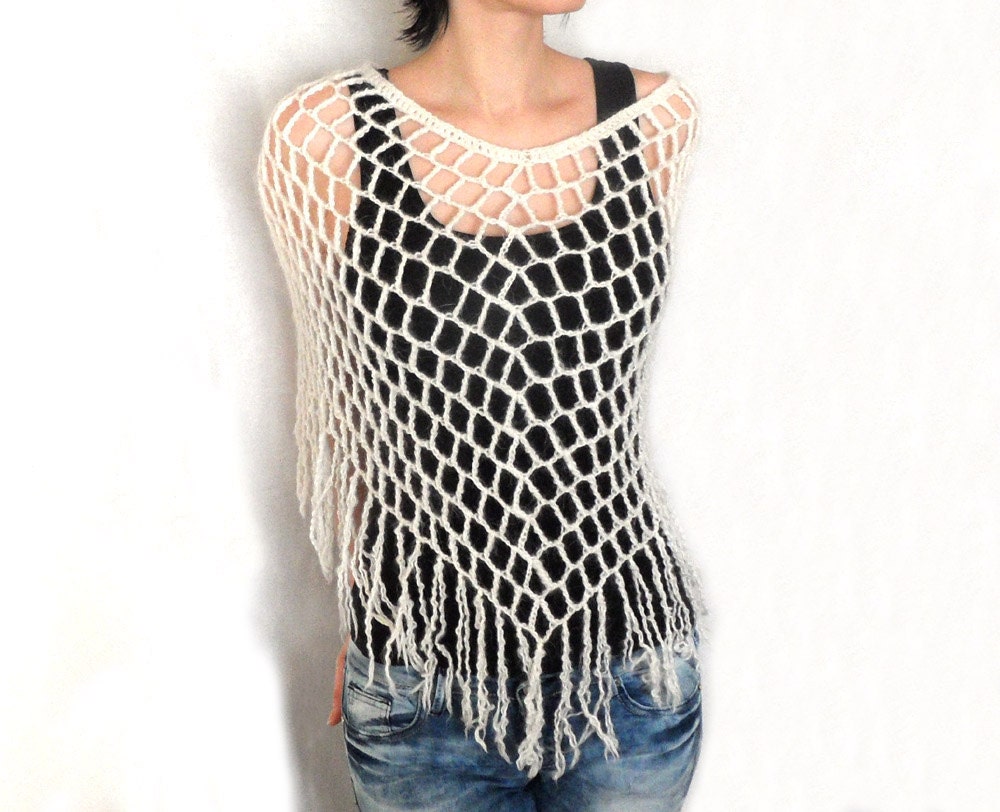 Lace Crochet Poncho Mohair Spiderweb Capelet Lacy Fringed Wrap White Spring Capelet Women's Poncho Spider Web Poncho - CP0009 - Aimarro