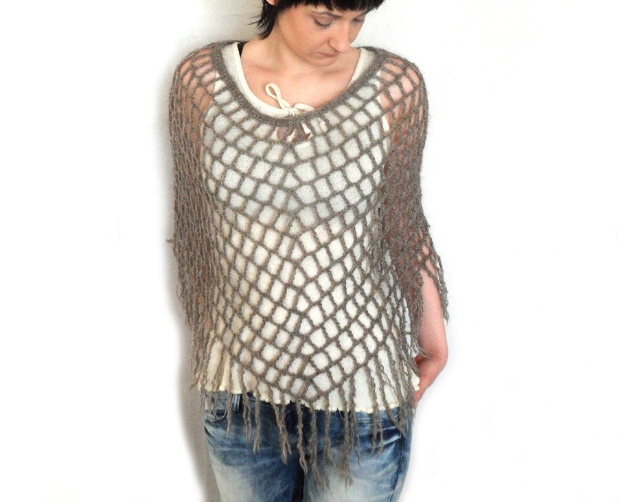 Crochet Poncho Womens Poncho Spiderweb Poncho Lace Mohair Wool Wrap Earth Gray Spring Lacy Capelet - CP0008 - Aimarro