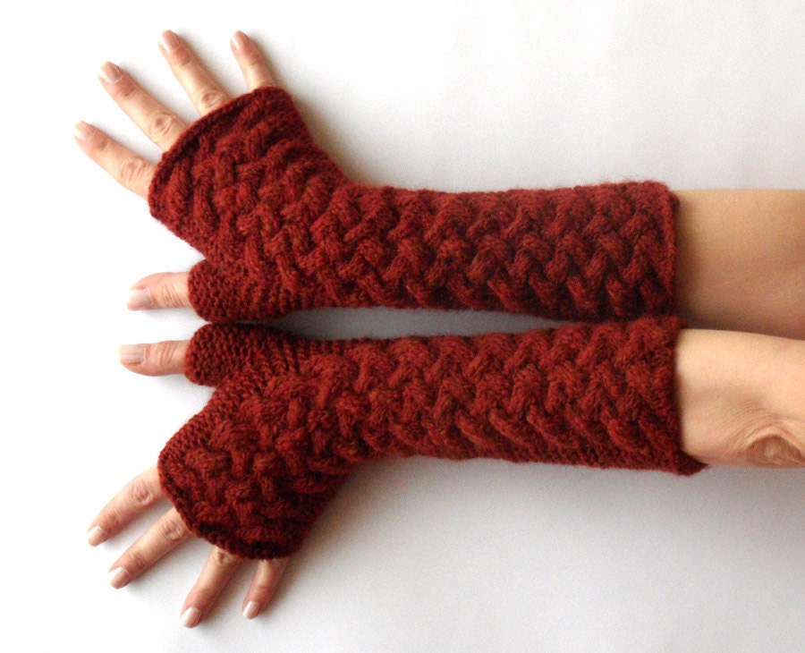Fingerless Gloves Long Cable Arm Warmers Knit Cashmere Wool Hand Warmers Winter Cranberry Red Warm Women's Gloves - KG0019 - Aimarro