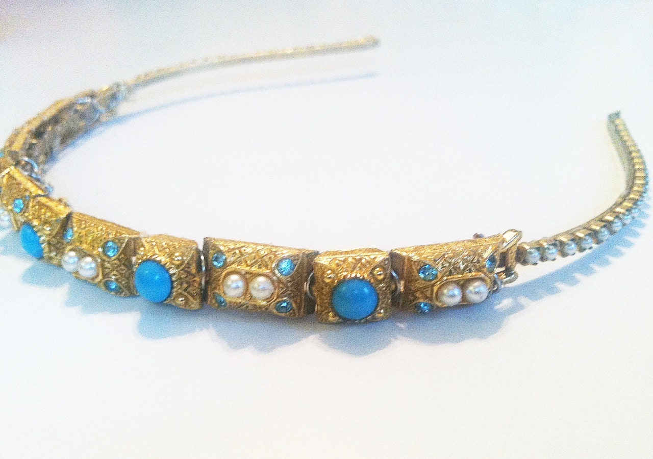 SALE--Antique Art Deco Pearl & Turquoise Ornate Gold Bridal Headband-Vintage Bride Wedding Headpiece-1920s 1930s