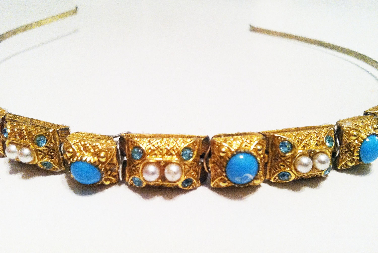 SALE--Antique Art Deco Pearl & Turquoise Ornate Gold Bridal Headband-Vintage Bride Wedding Headpiece-1920s 1930s