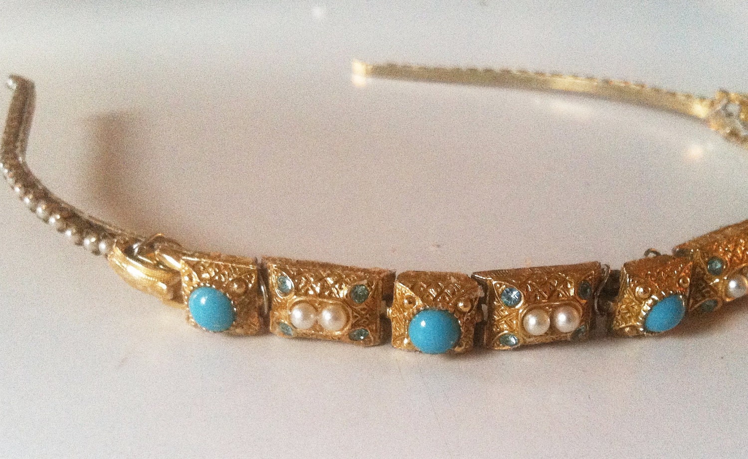 SALE--Antique Art Deco Pearl & Turquoise Ornate Gold Bridal Headband-Vintage Bride Wedding Headpiece-1920s 1930s