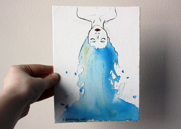Original Painting Artwork 6x8 Blue Haired Girl Water - "Flow."