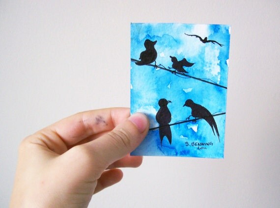 Birds on a wire 1 - Original Watercolor ACEO/ATC