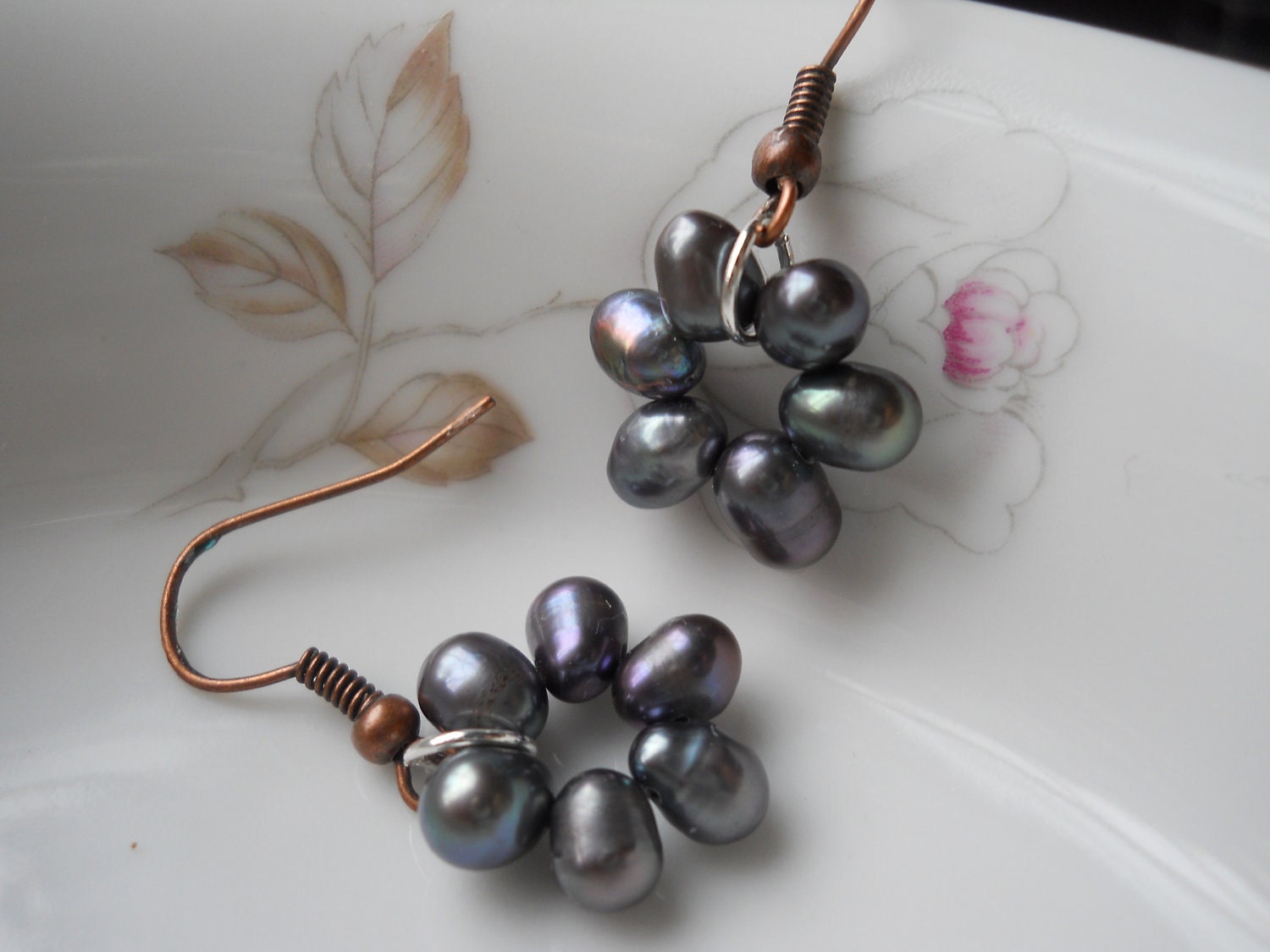 Dark Blue Freshwater Pearl Earrings, copper ear wires