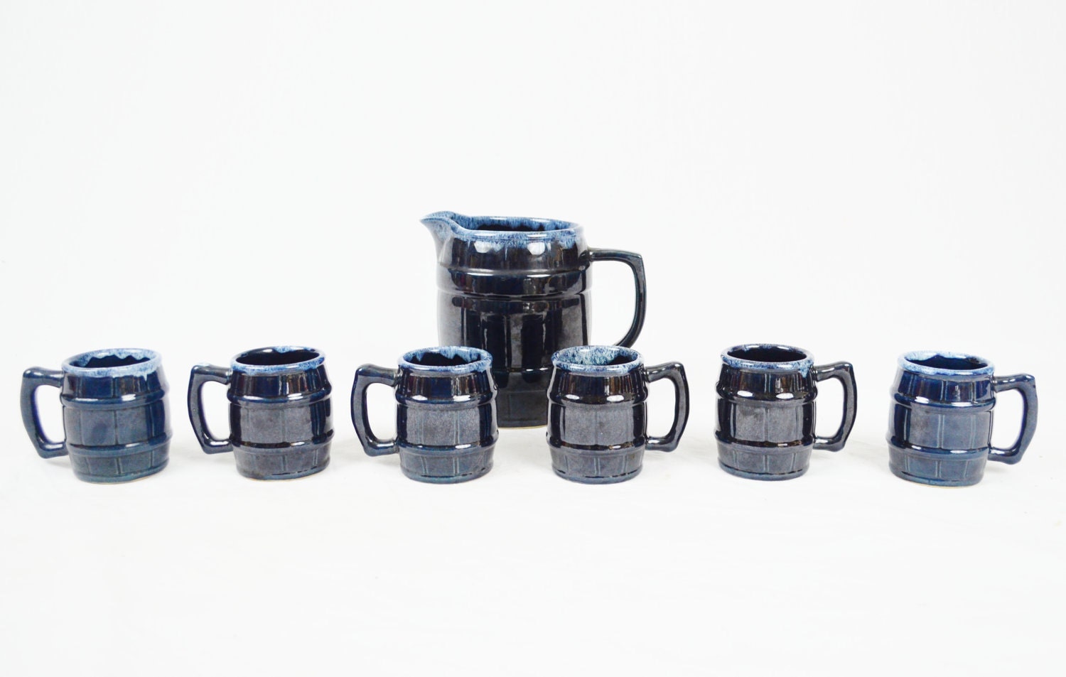 Blue Barrel Anna Van Briggle Pitcher and 6 Mugs