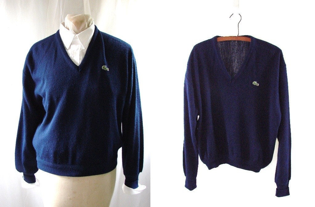 Navy Blue Pullover LaCoste Sweater / Mens vintage 1980s Blue LaCoste Alligator v neck Pullover Knit Sweater