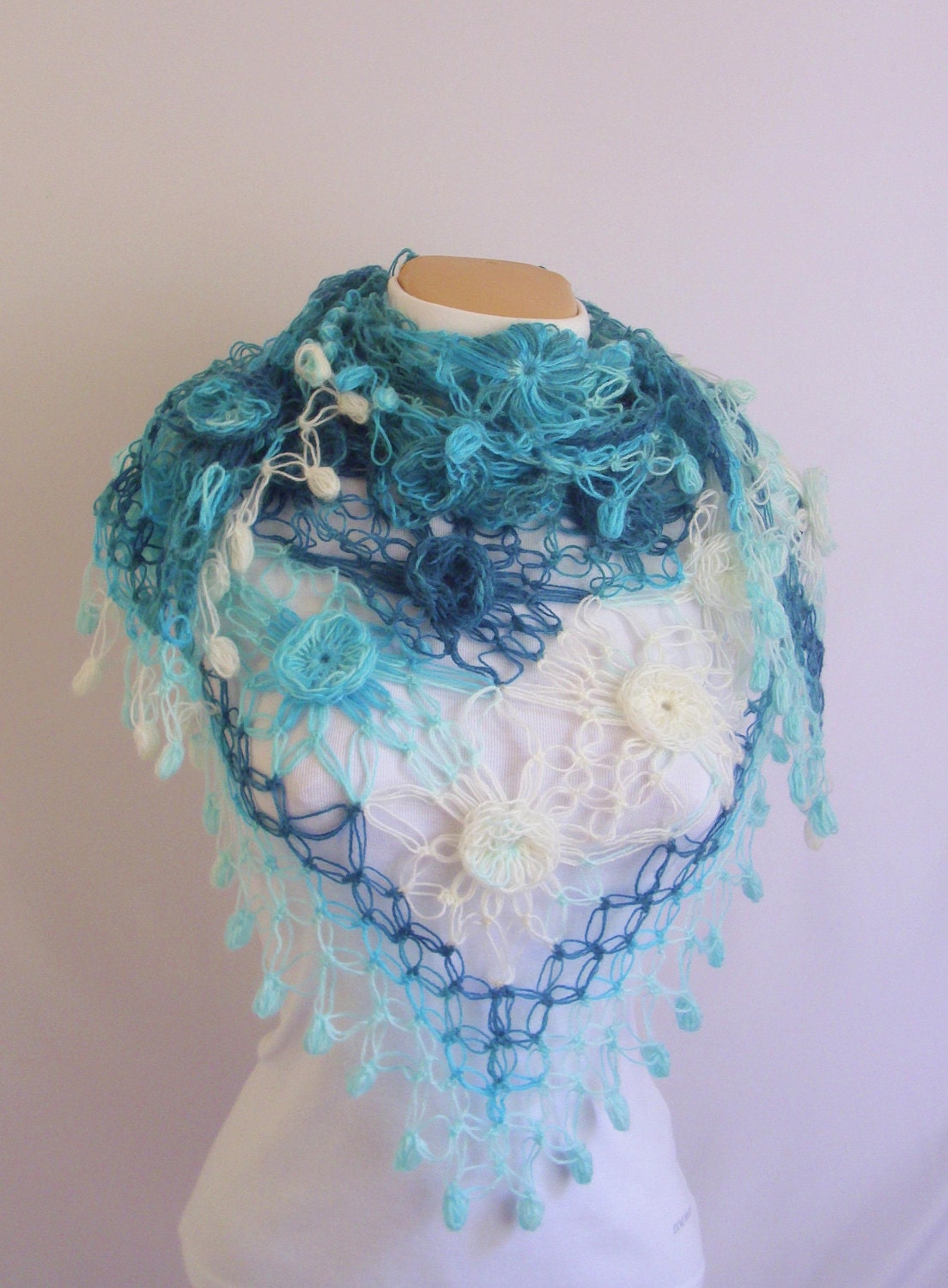 FREE SHIP 1 USD Ocean Blue -White Spring Flower Mohair Triangle Shawl