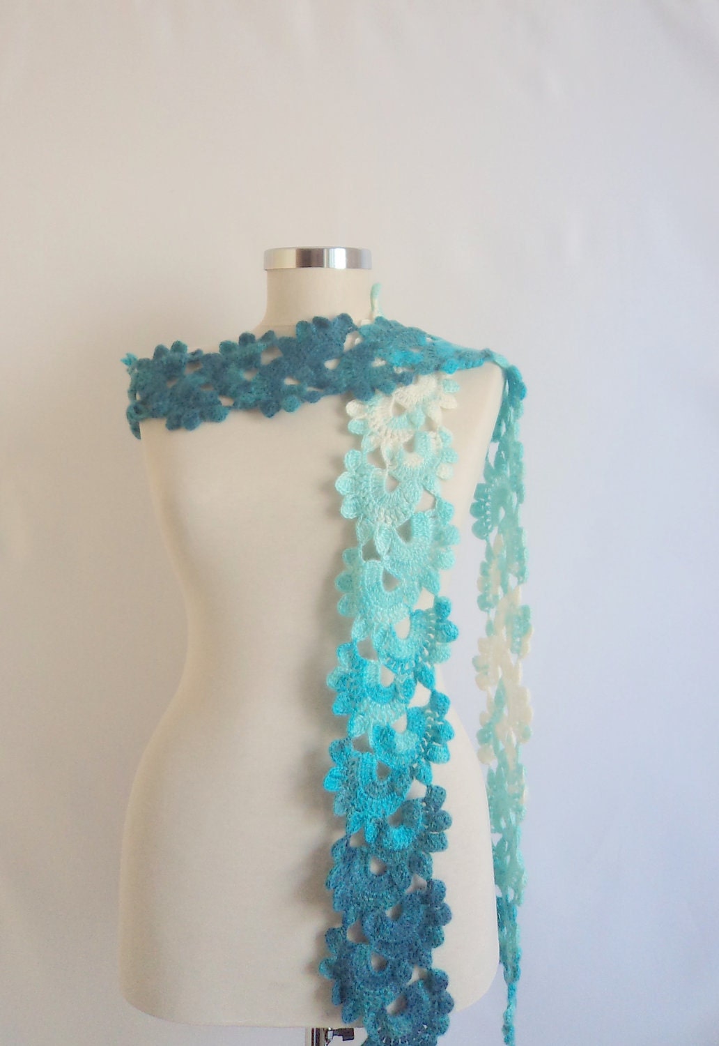 Blue Wool Scarf Shawl Wrap Floral Necklace BLUE GIFT gifts  romance,scarflette,necklace,necktie,handmade,crochet,collar,cowl,stole,white