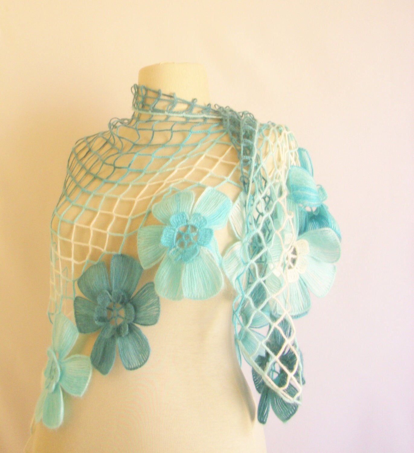 Reserved for (shanavija) CROCHET SHAWL Ocean Blue -White Spring Flower Mohair Triangle Shawl seasonal wedding bride woman