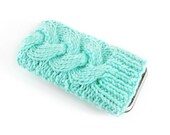 Knitted iPhone Cover. Handknit Phone Cozy with Cable in Pale Aqua Mint Shade. Knitted iTouch Mp3 iPod Case Cosy