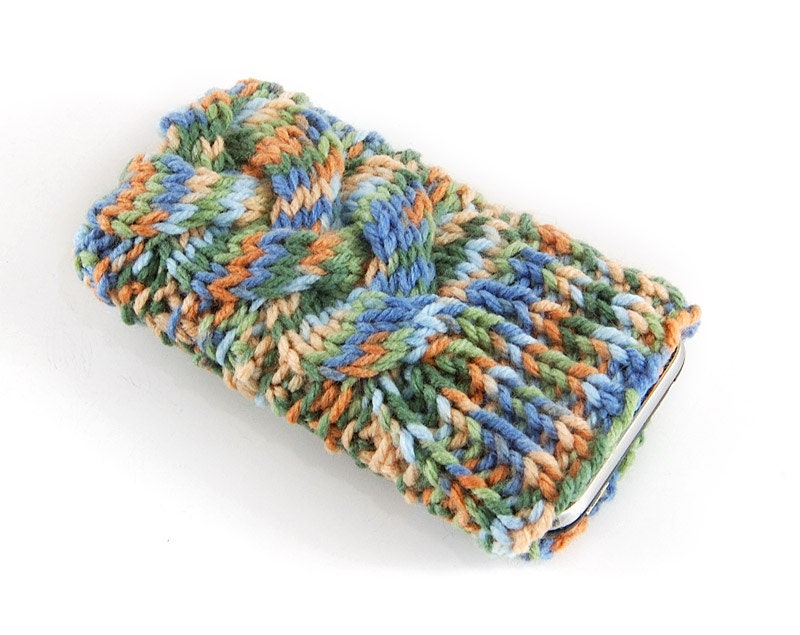 Knitted iPhone Cover. Handknit Phone Cozy with Cable in Green Brown Blue Fleck Shade. Knitted iTouch Mp3 iPod Case Cosy