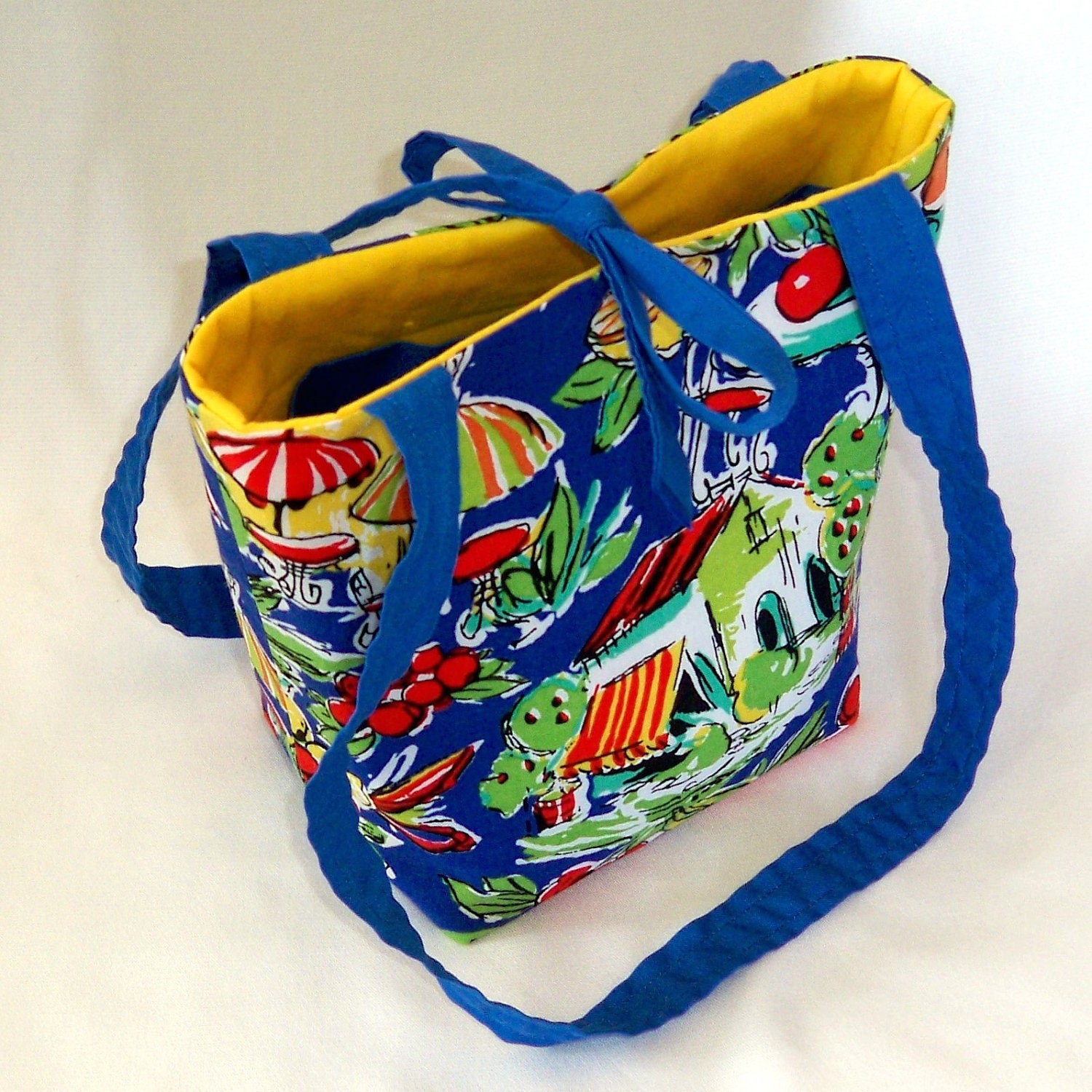 Tropical Vacation Tote Bag Purse Blue Yellow Cafe Bistro Fabric Handbag Small Fabric Bag Teen Purse