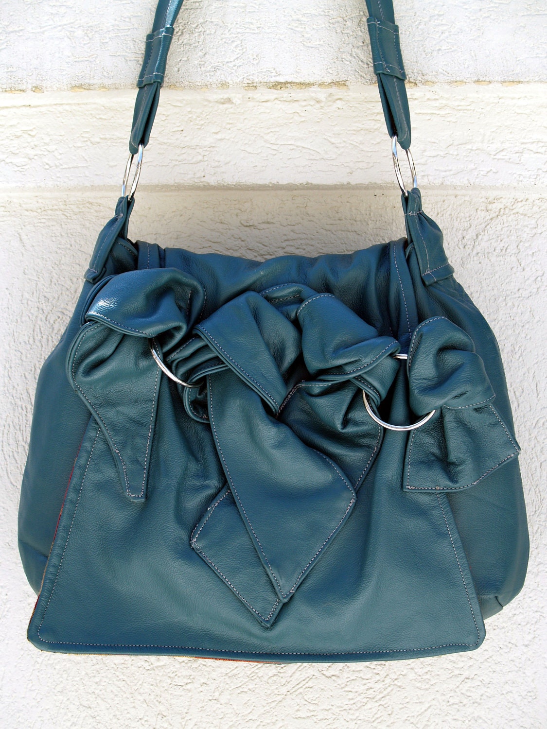 Turquoise Teal Blue Leather Hobo Handbag