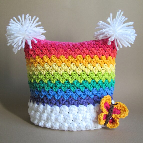 CROCHET PATTERN - Over the Rainbow - a colorful square hat with butterfly and pom-poms in 6 sizes (Infant - Adult S) - Instant PDF Download