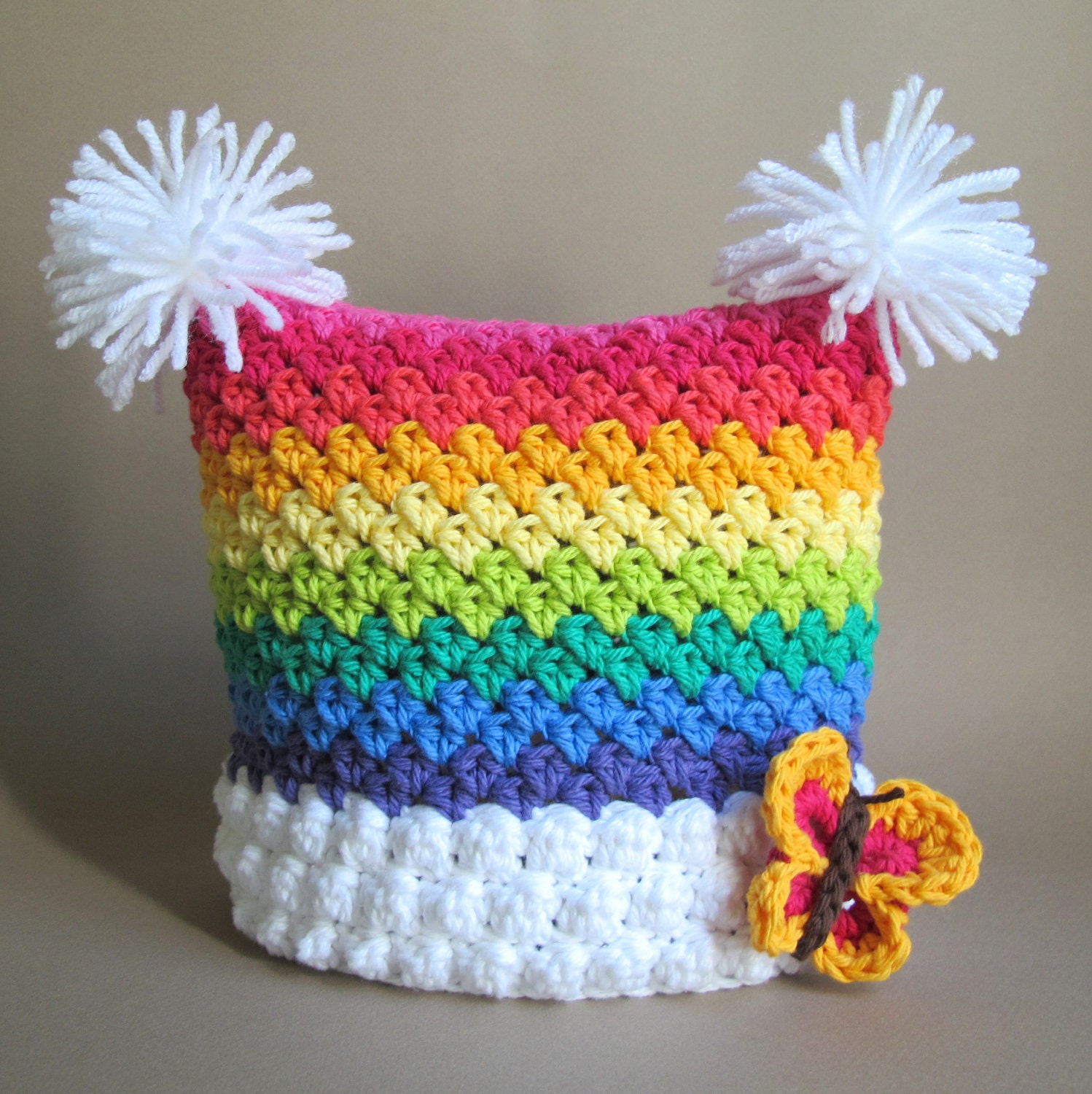 CROCHET PATTERN - Over the Rainbow - a colorful square hat with butterfly and pom-poms in 6 sizes (Infant - Adult S) - Instant PDF Download