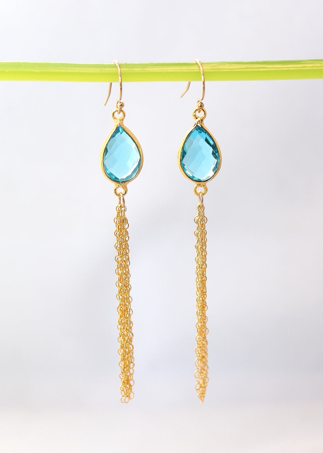 22k Gold Vermeil Bezel Set Blue Topaz Chain Earrings - Bridal Earrings - Graduation Gift