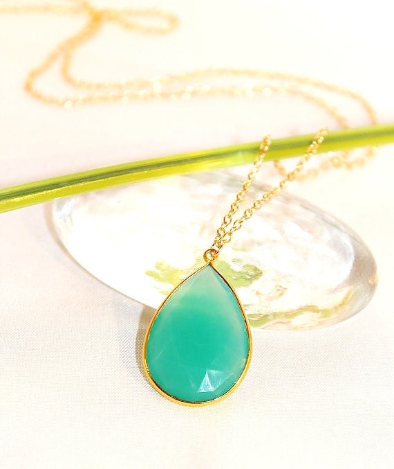 22k Gold Vermeil Bezel Set Turquoise Chalcedony Pendant Necklace - Bridal jewelry - Fall Accent Color