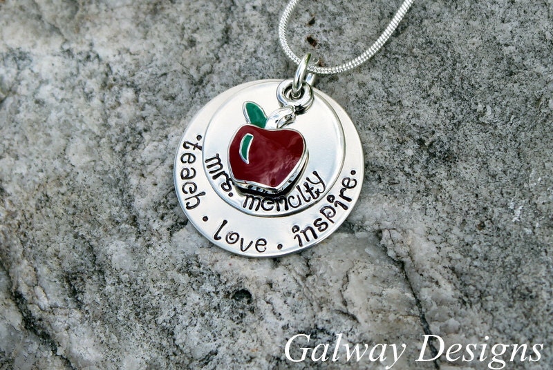 Hand Stamped Teacher Pendant with red apple charm