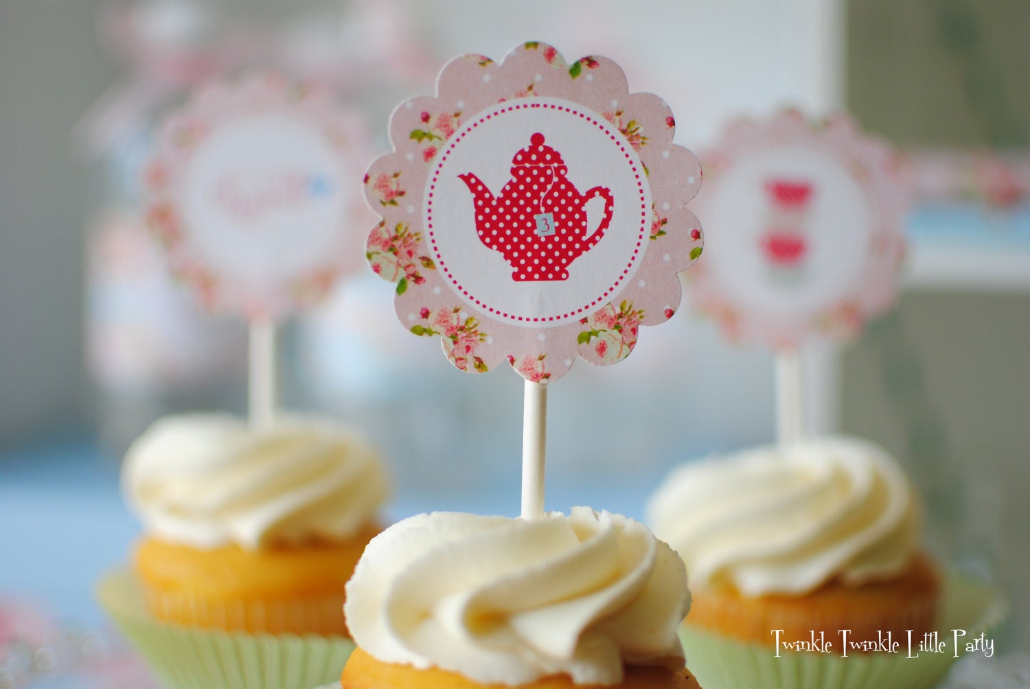 Pink Floral Shabby Chic Printable Cupcake Toppers