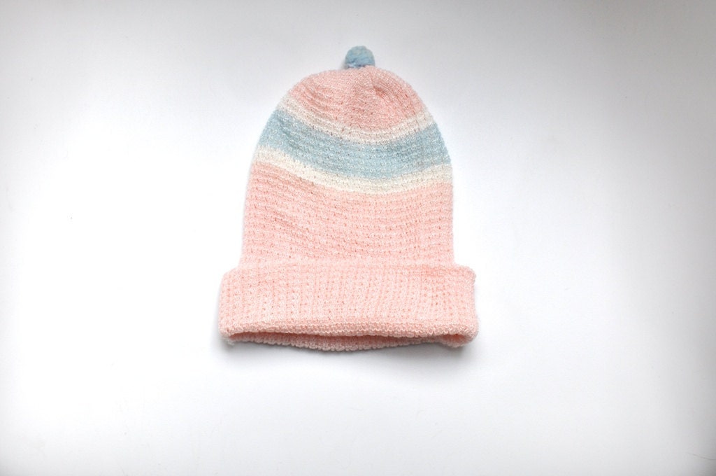 Vintage Pink and Blue Knit Pom Pom Hat (6 months) - littlereadervintage