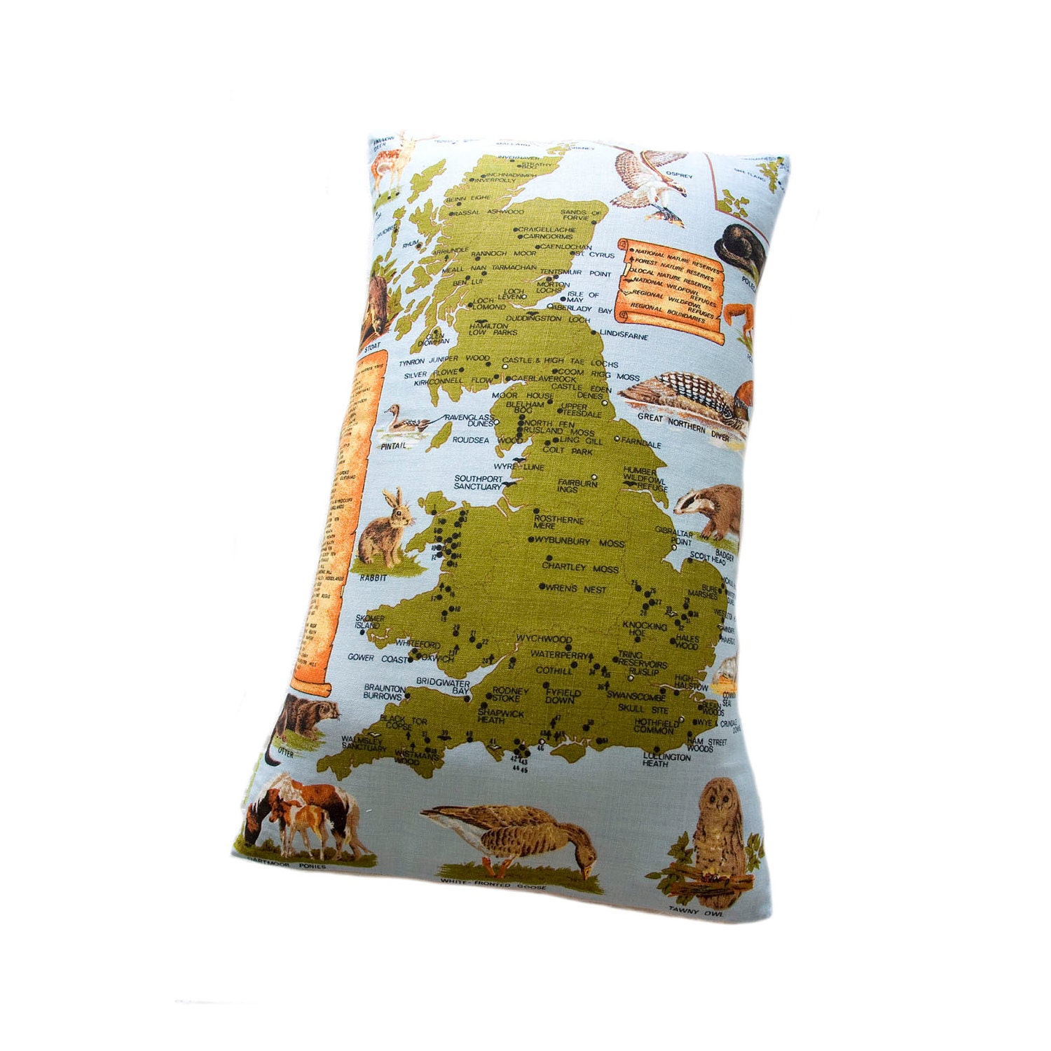 Vintage Pillow Cover Wildlife Of Britain UK Map of Britain Animals Upcycled Remade from tea towel Pale Blue Green