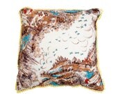 Hunting Silk Scarf Pillow Cushion from 1950's remade into cover white, red, yellow trim 22" Mid Century