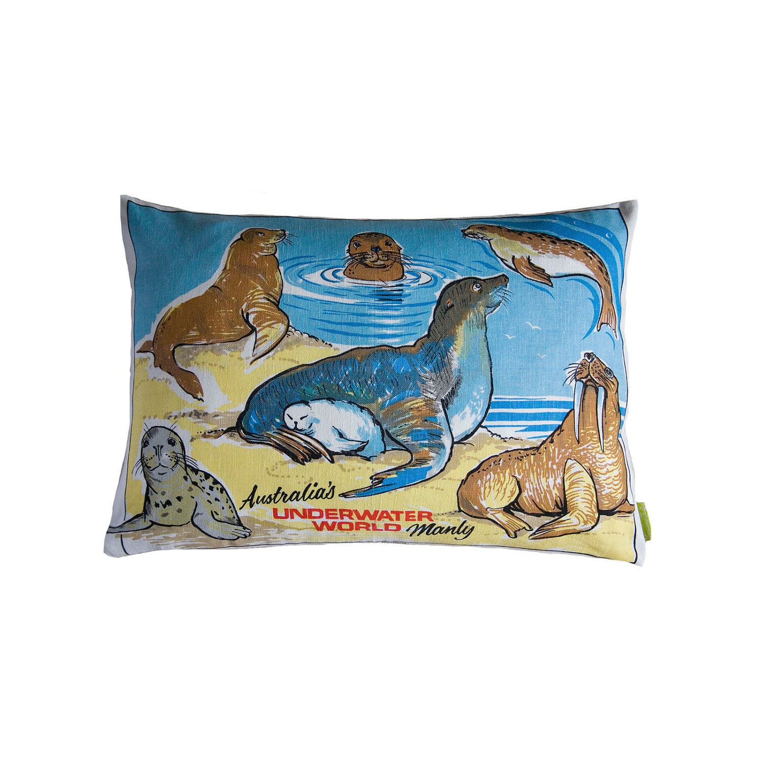 Kids pillow upcycled tea towel cushion 'Australia's Underwater World' Seals