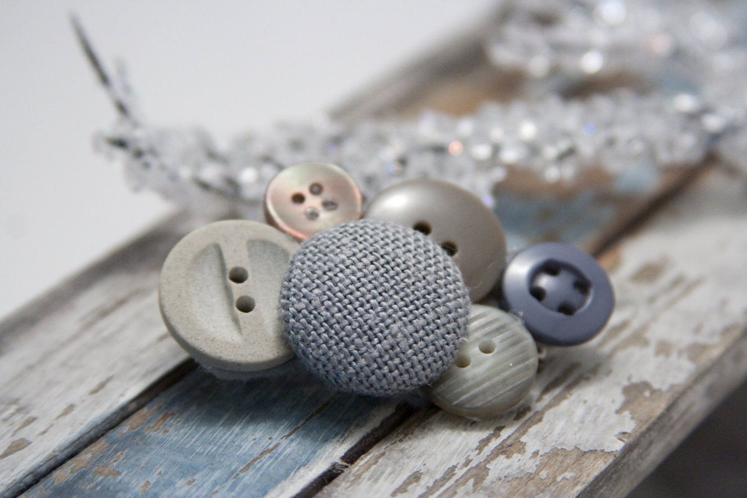Unique fascinator - gray hair clip - made with vintage buttons in a cluster - great in any season