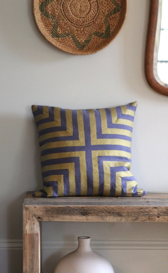 Metallic gold & slate blue handprinted organic hemp pillow cover 20x20