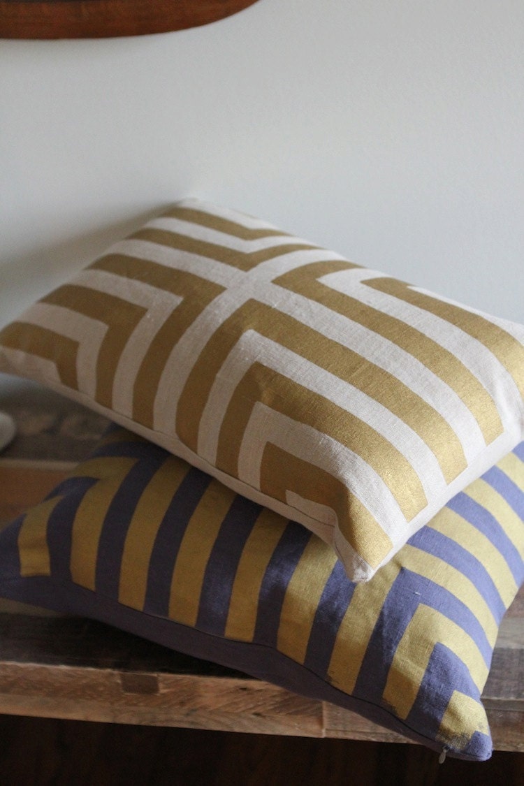 Doha lumbar pillow cover hand printed in metallic bronze on natural organic hemp 12x21