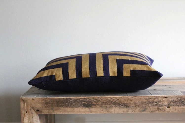 Doha in Metallic gold hand printed on navy blue organic hemp pillow cover 12x21