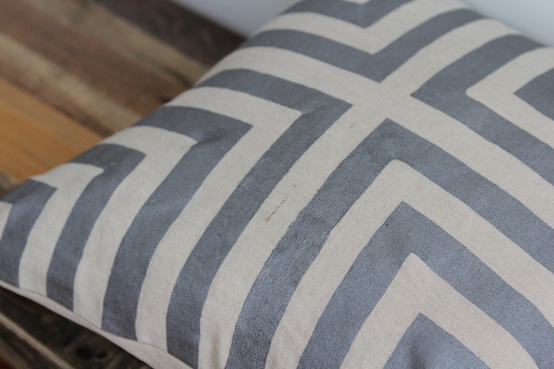 Doha metallic silver & natural handprinted organic hemp pillow cover 20x20