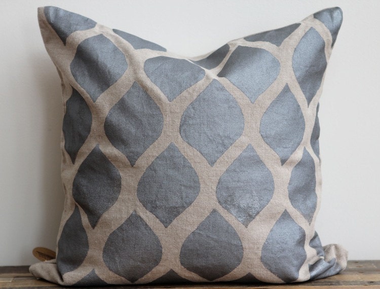 Throw pillow cover- Aya Metallic silver hand printed on greige organic hemp 20x20