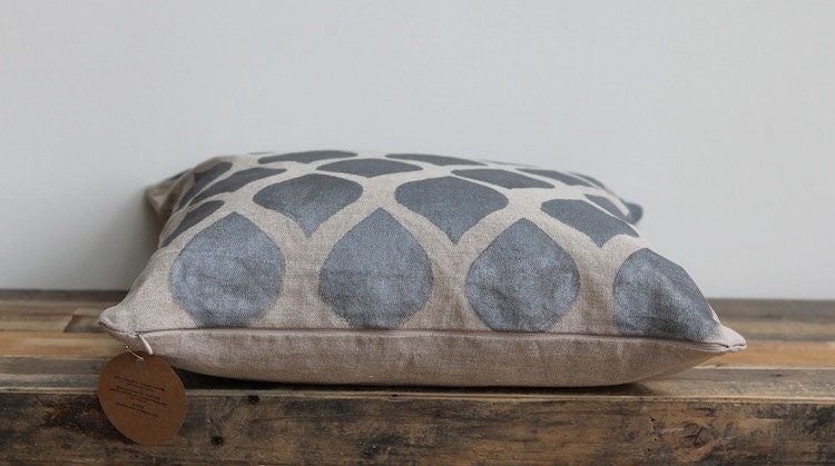Throw pillow cover- Aya Metallic silver hand printed on greige organic hemp 20x20
