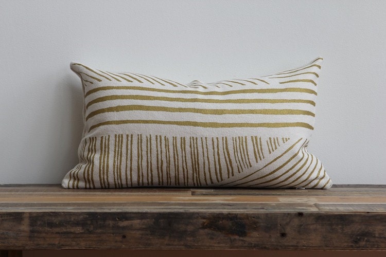 Metallic gold & off-white handprinted organic hemp pillow cover 12x21