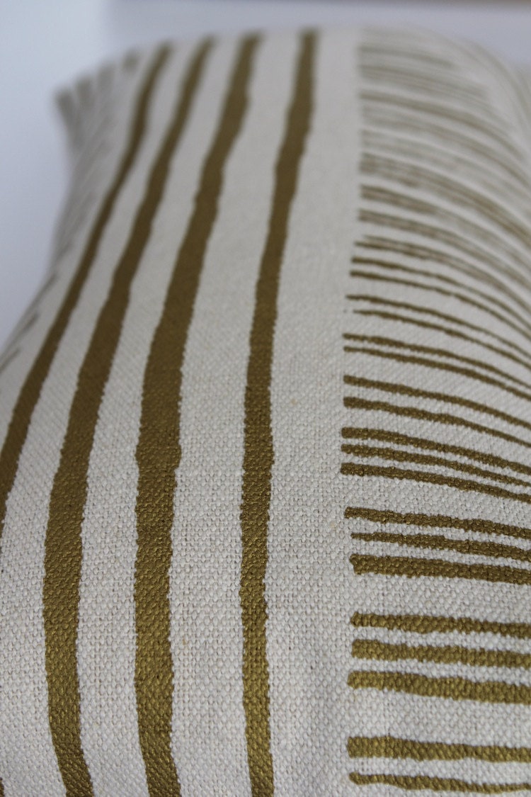 Metallic gold & off-white handprinted organic hemp pillow cover 12x21