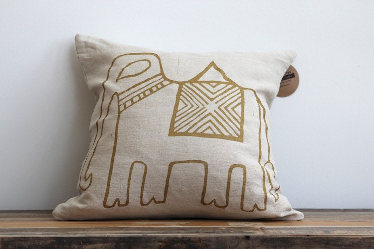 Elephant in metallic gold hand printed on natural ecru organic hemp pillow cover 20x20