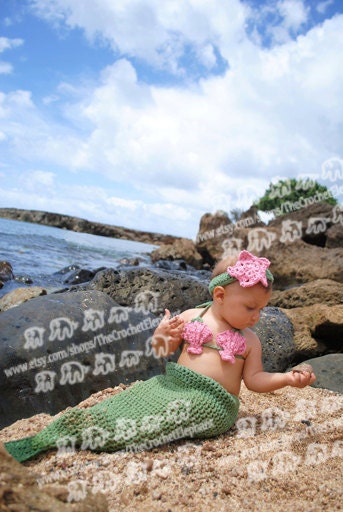 Mermaid Tail, Seashell Bikini Top and Sea Star Headband Set, Newborn