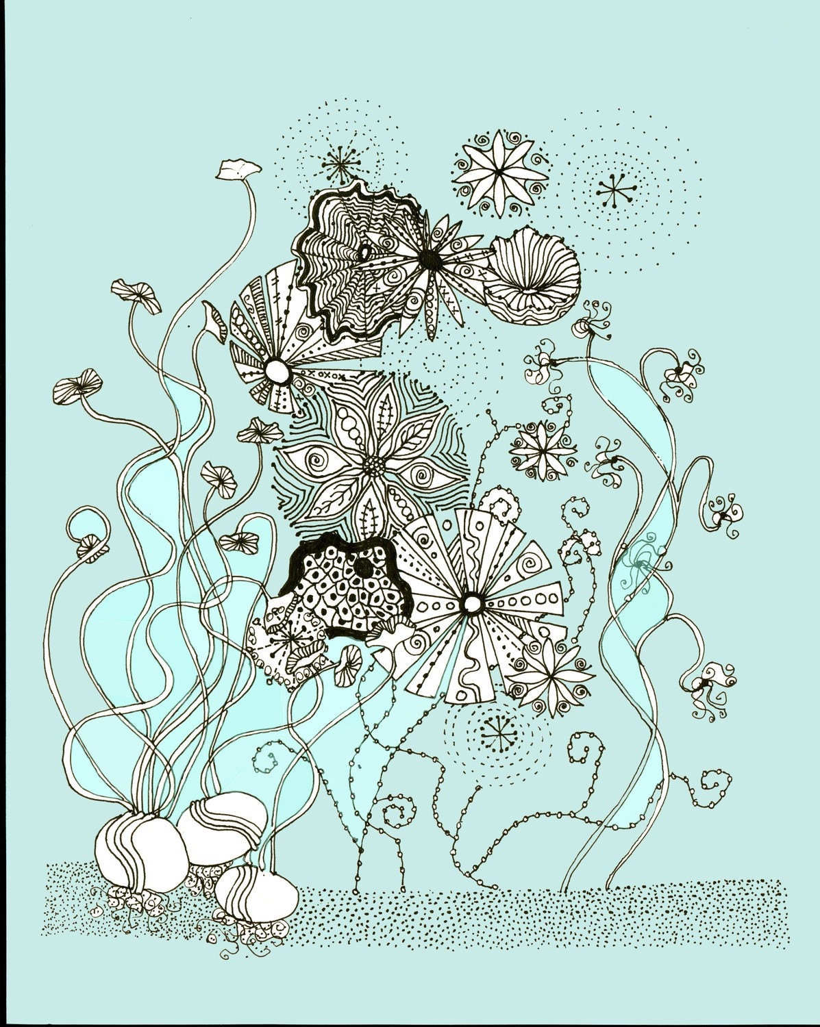 Print  Fantasy Flowers in Blue from my original drawing