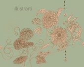 Print Fantasy Flowers in Green and Brown From an Original Drawing