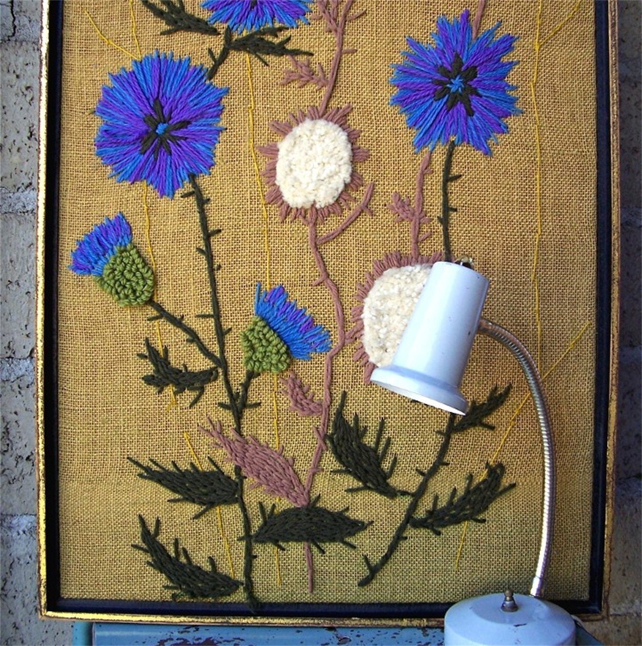 Vintage Crewel Embroidery Picture, XL Framed, Handmade on Burlap