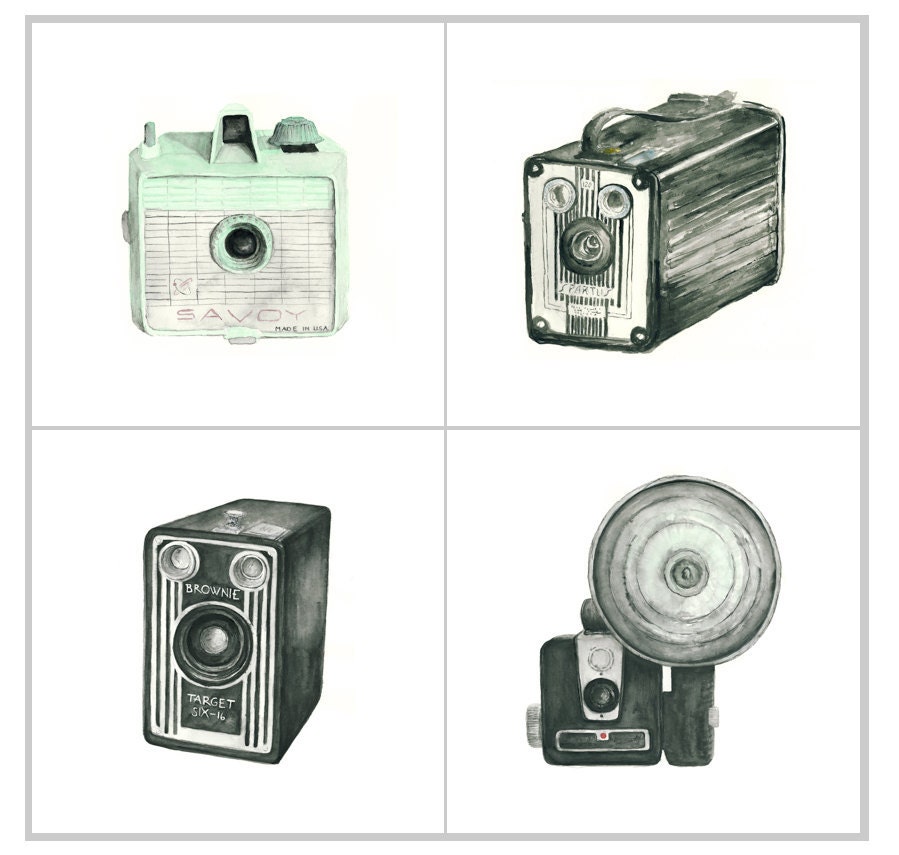 camera print set - four 5x5 giclee art prints -- vintage camera watercolor prints (with savoy) // wall art