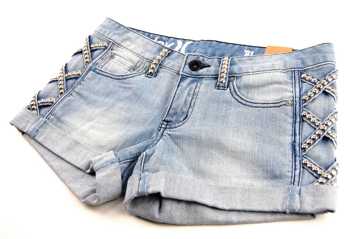 Blue Denim Studded Shorts Size 27 / OMCV x Hurley Collaboration