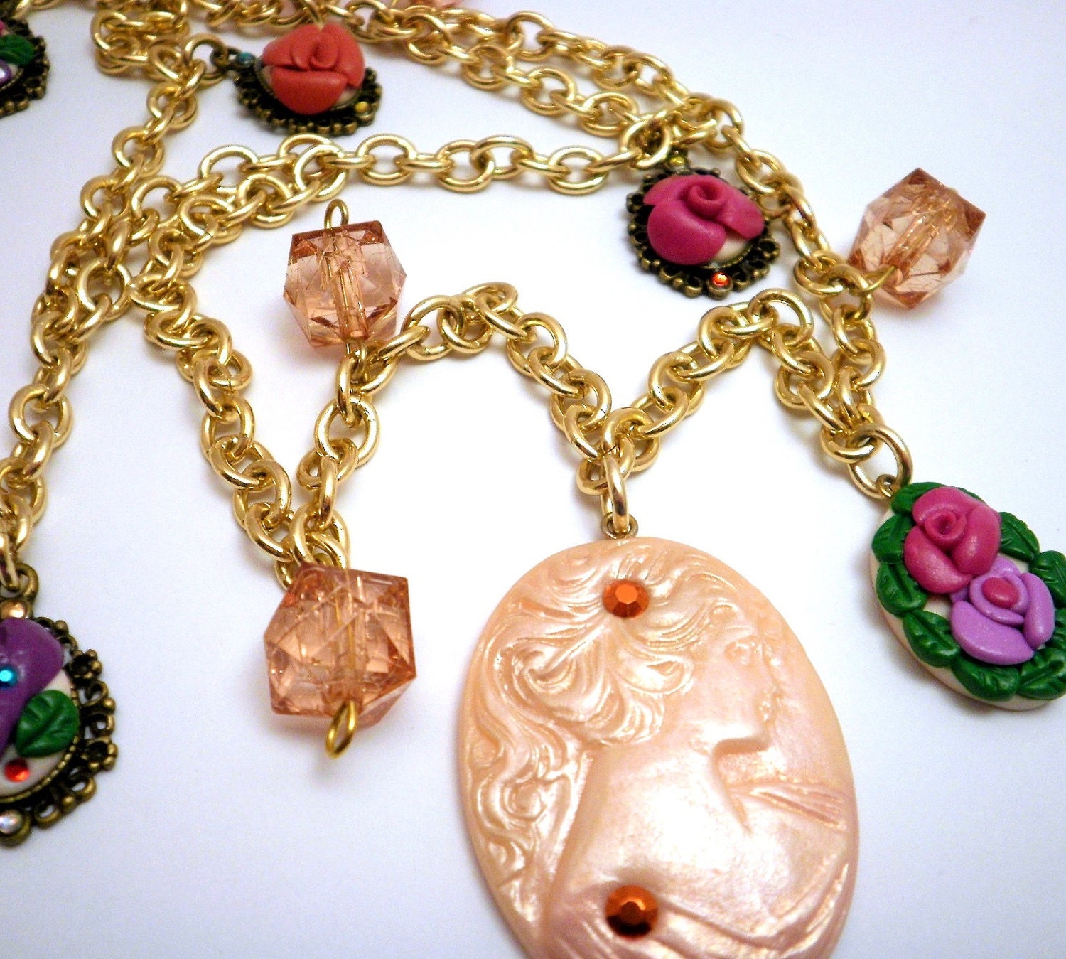 Cameo and Roses Long Necklace Handmade - Wedding favors, bridesmaid gifts, bridal jewelry