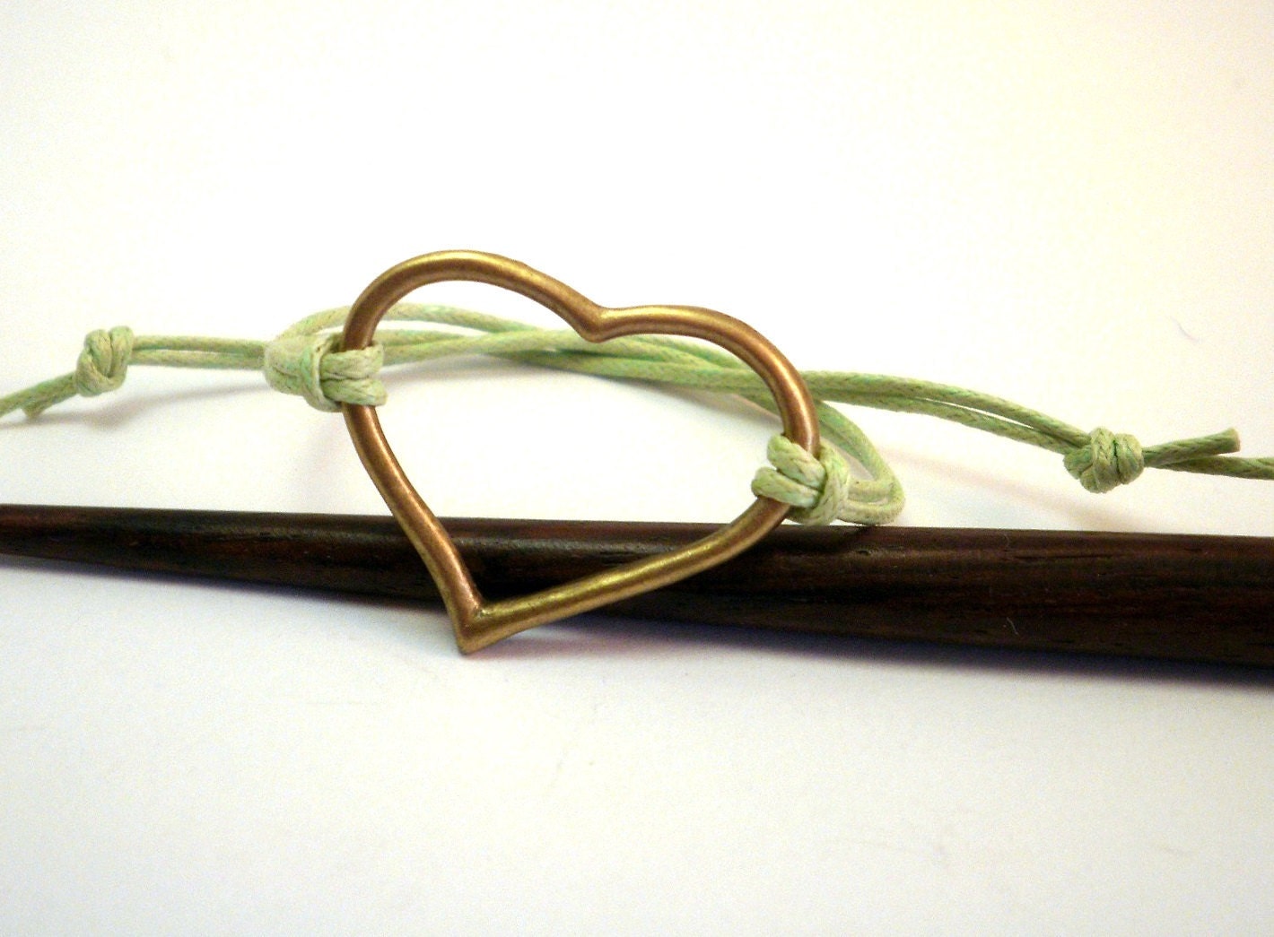 Heart Adjustable Bracelet on Green Cotton Thread - available in many colors - Bridesmaid Gifts, bridal jewelry, wedding favors
