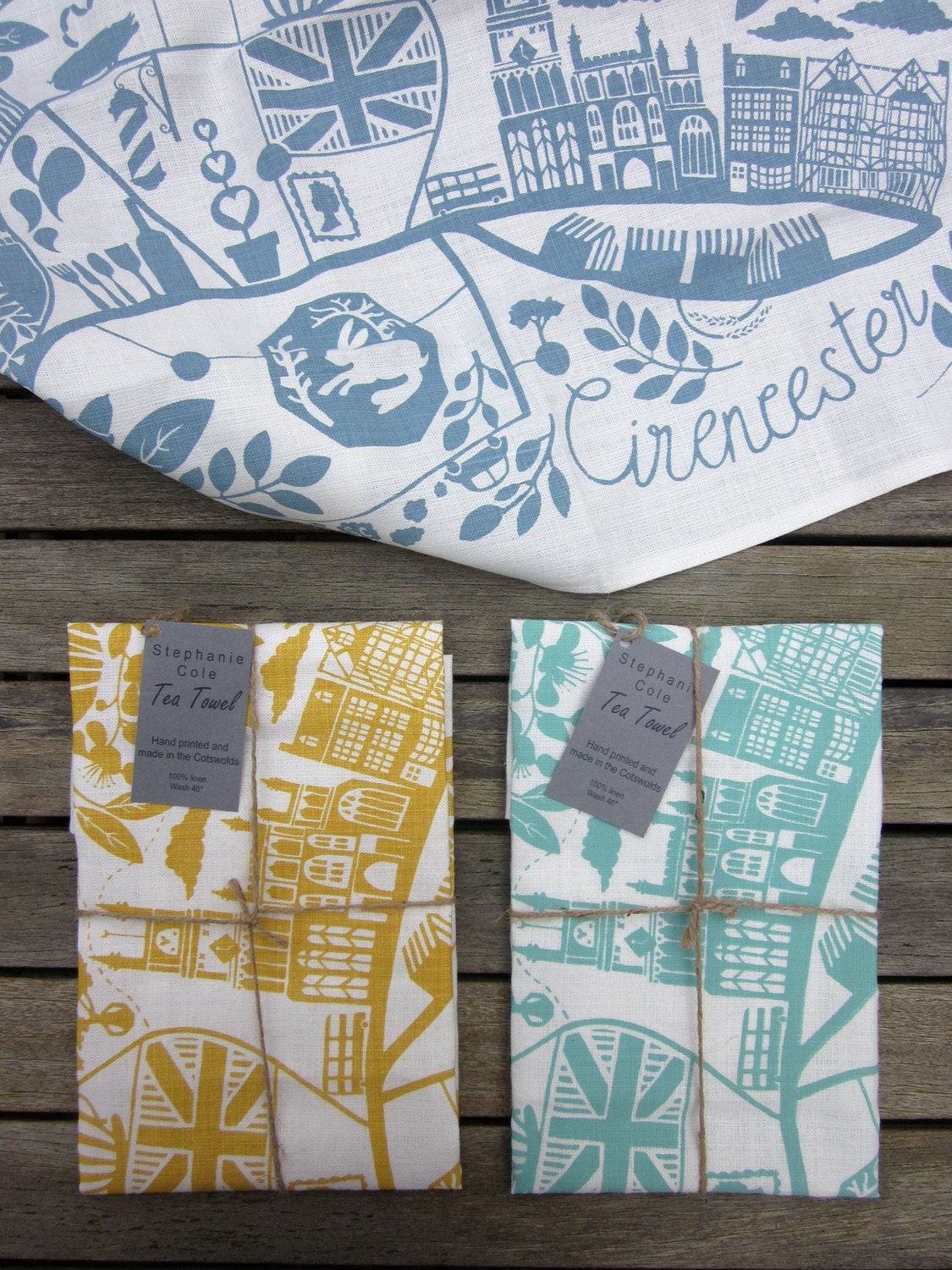 Linen screen printed Cirencester tea towel