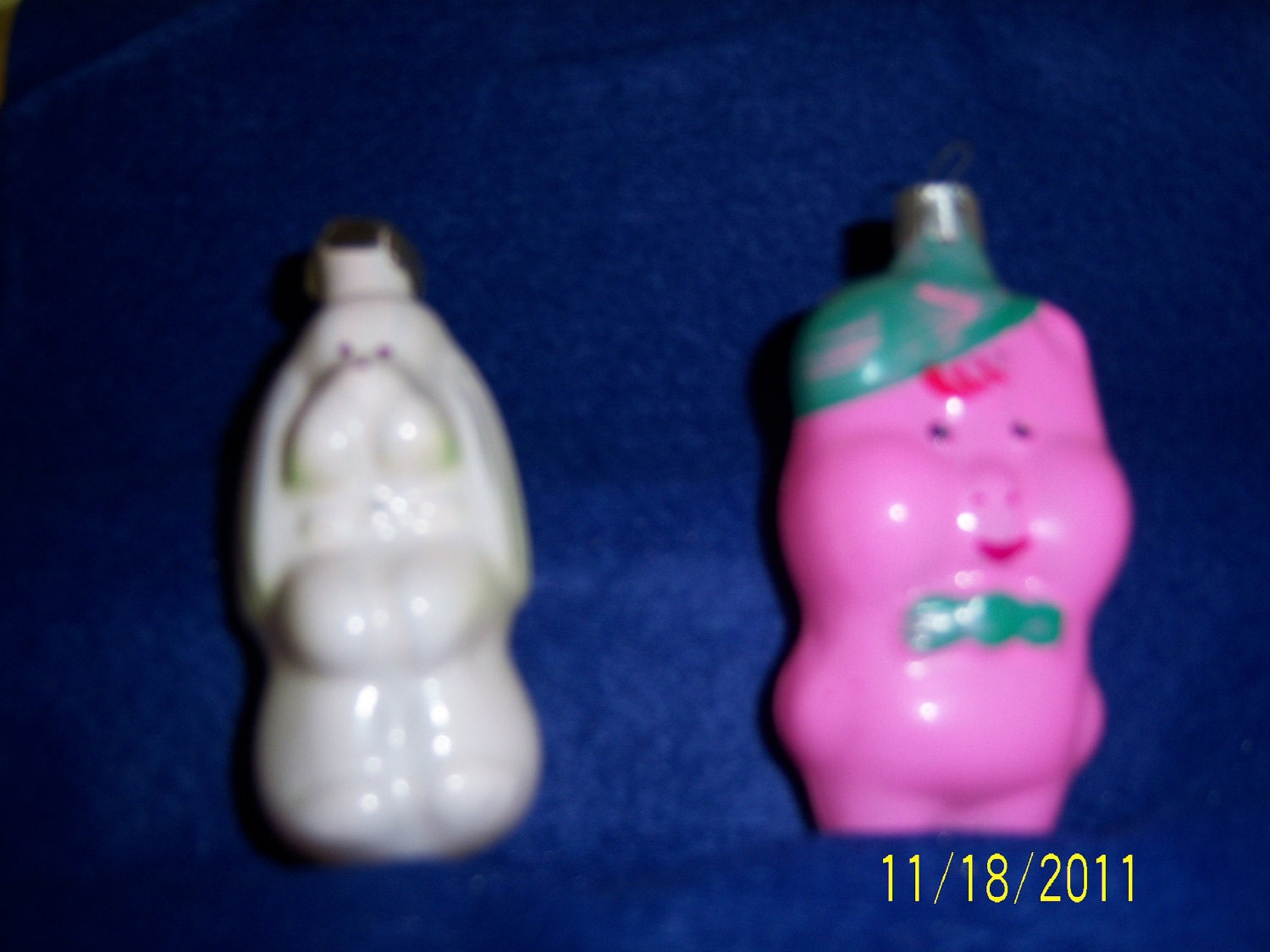 Vintage set of 2 glass Russian Christmas tree animal figural ornaments
