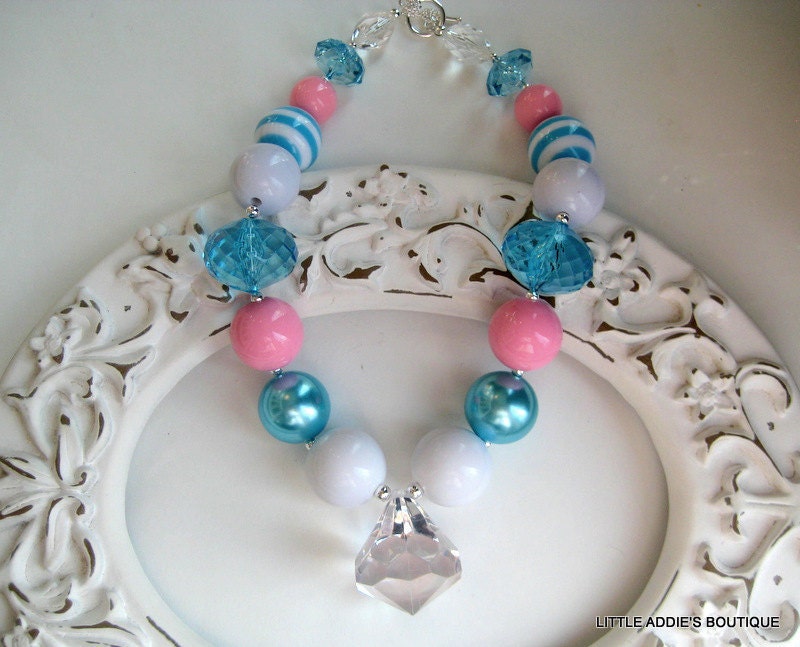 Chunky Girls Beaded Necklace, Aqua Blue and Pink Chunky Necklace