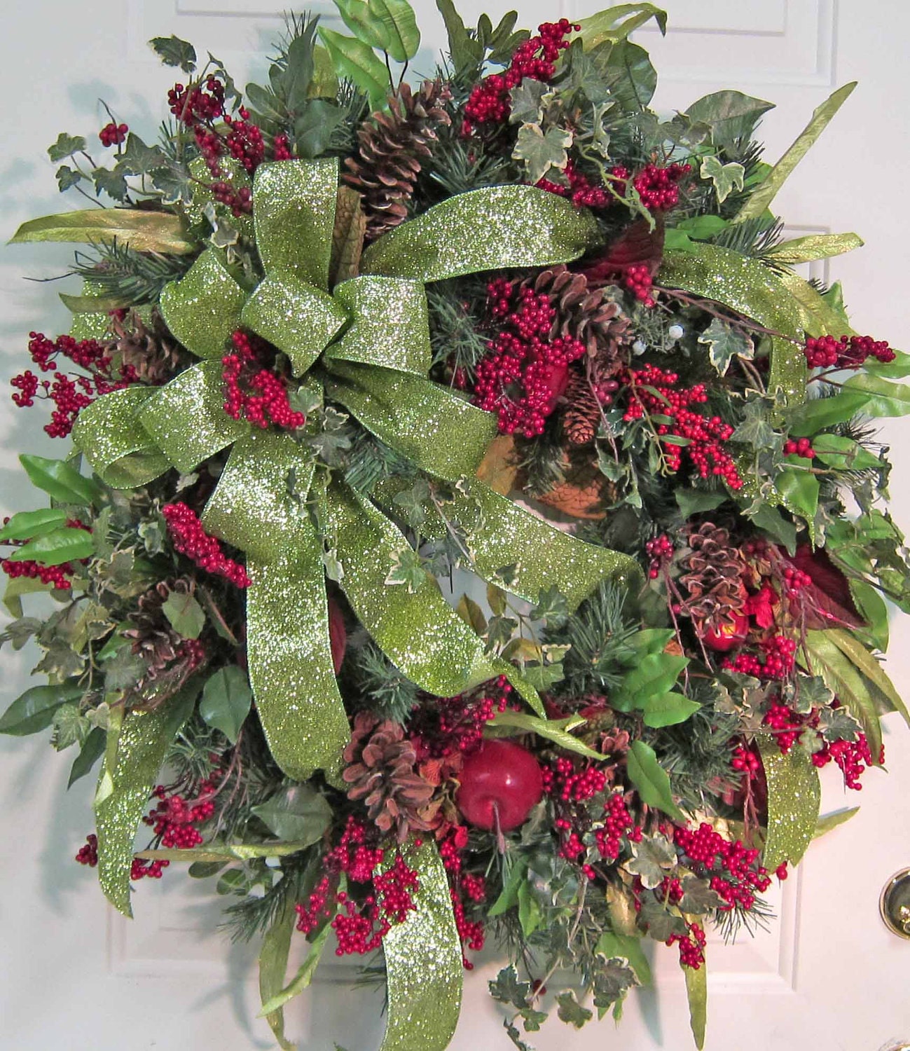 XL Gorgeous Christmas Door Wreath Outdoor Holiday Wreath Bright Lime Green Ribbons